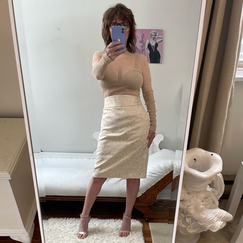 PREMISE GOLD CREAM PENCIL SKIRT ZIPPER SLIT LINED METALLIC EMBOSSED BROCADE